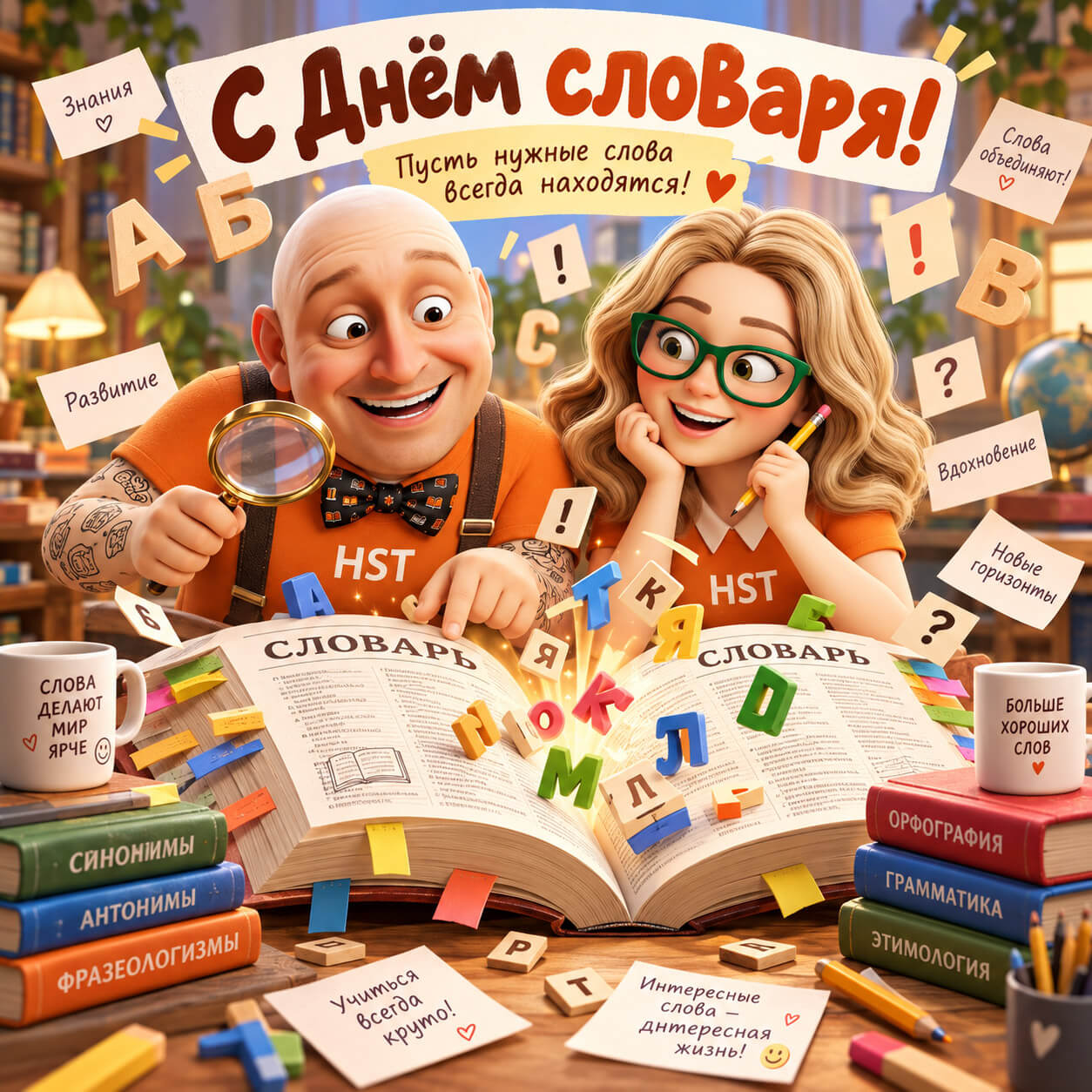 С Днём словаря — пусть слова находятся быстрее, чем очки на голове — открытка HST AI, 16 октября 2026
