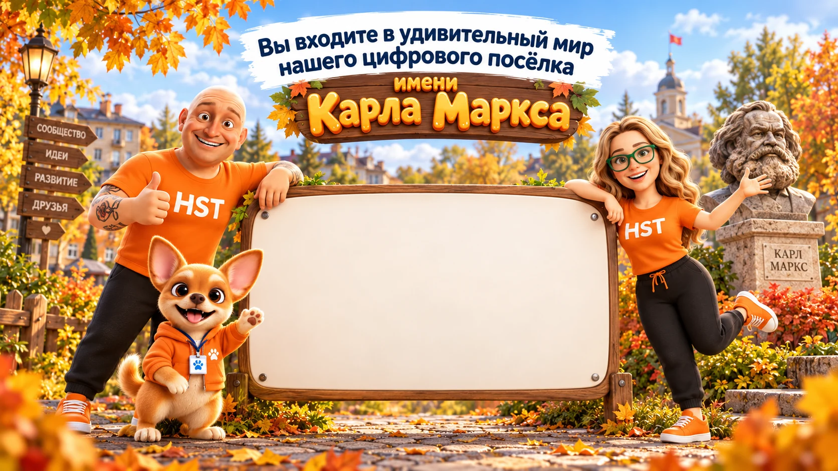 Сергей, Анна и Доби приветствуют гостей цифрового посёлка имени Карла Маркса